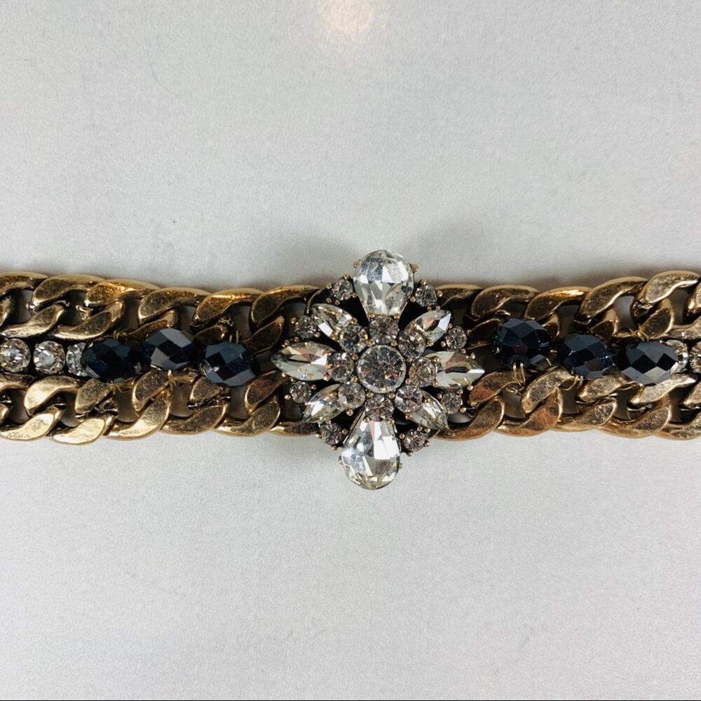 Rhinestone Chain Wide Bracelet 1" Gold Black Clear